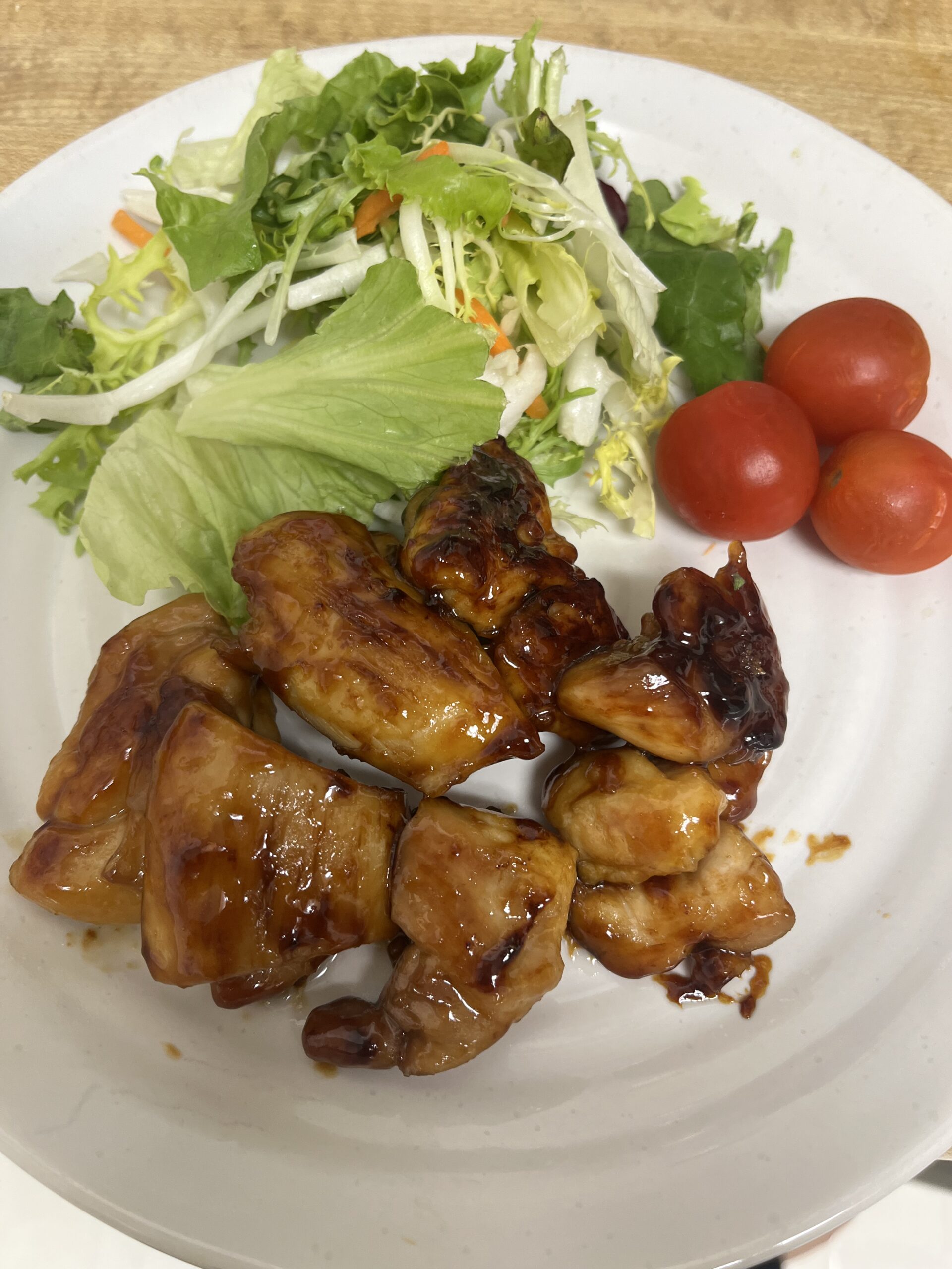 Finished Easy Teriyaki Chicken served with Trader Joe’s salad mix