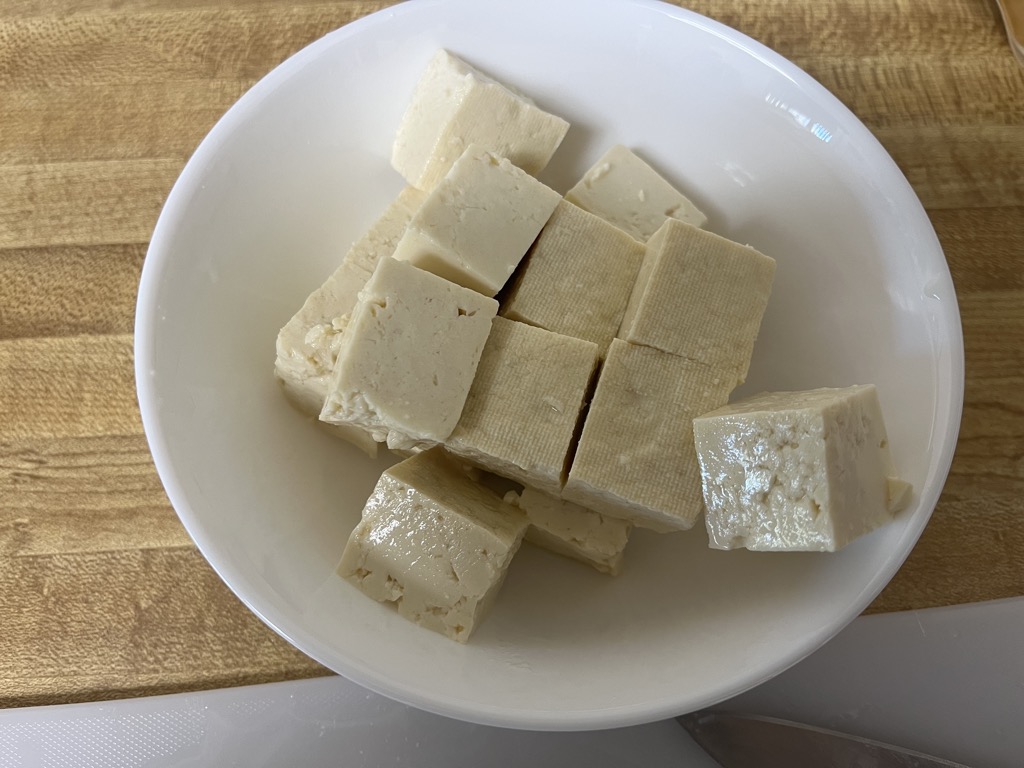 Cubes of Trader Joe’s Organic Firm Tofu prepared for making miso soup