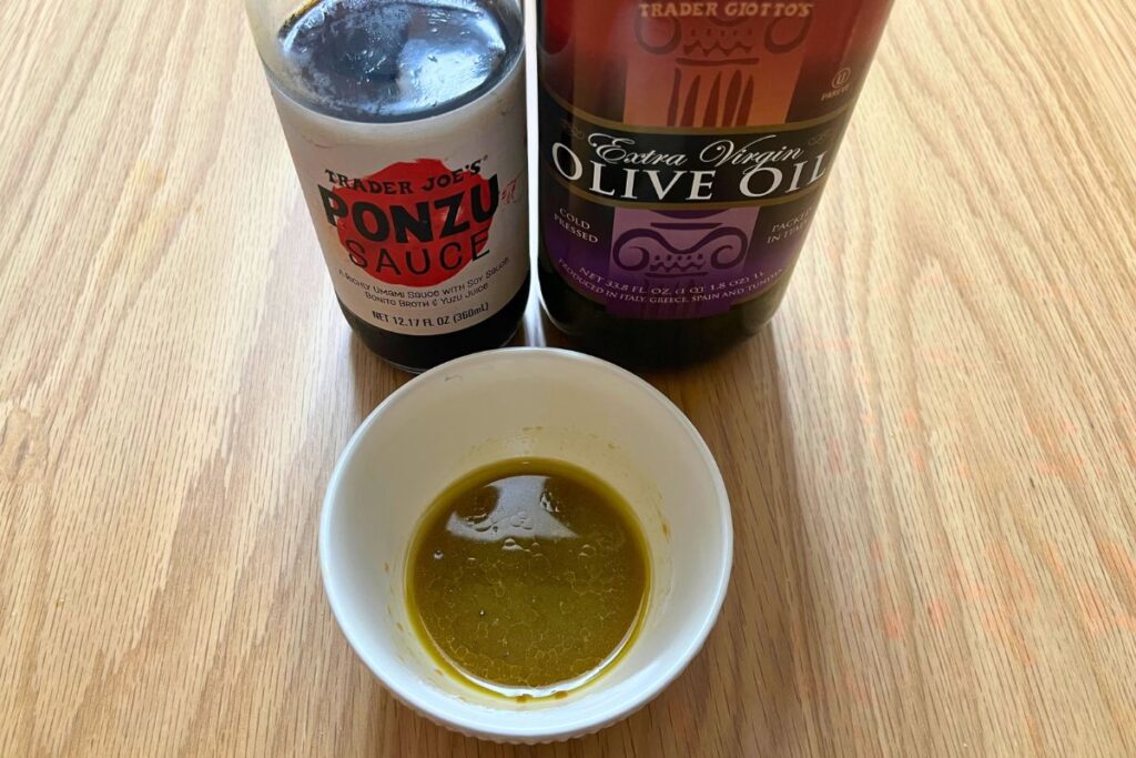 Ingredients for ponzu dressing with Trader Joe's ponzu sauce and olive oil