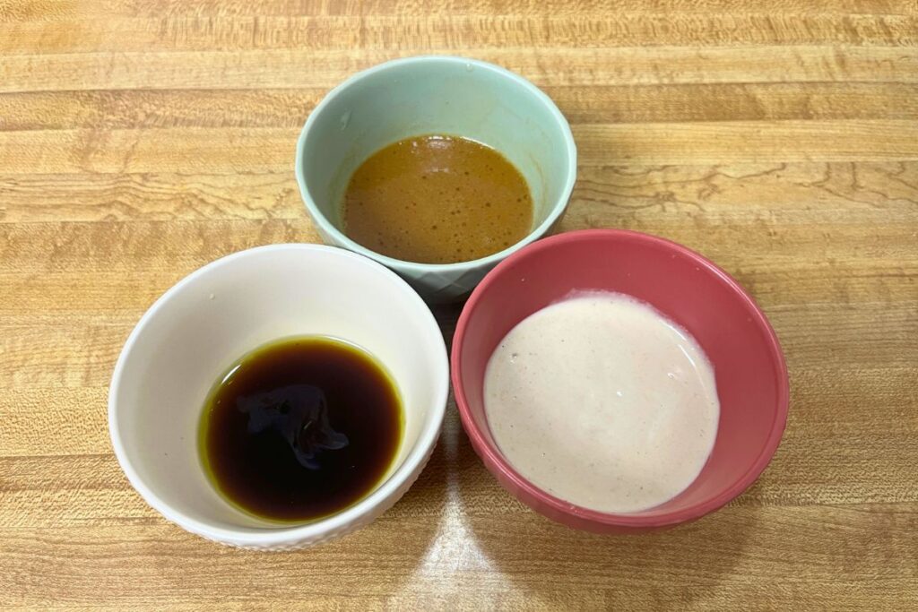 Three easy Japanese-style dressings made with Trader Joe's ingredients - ponzu, miso, and tahini sesame
