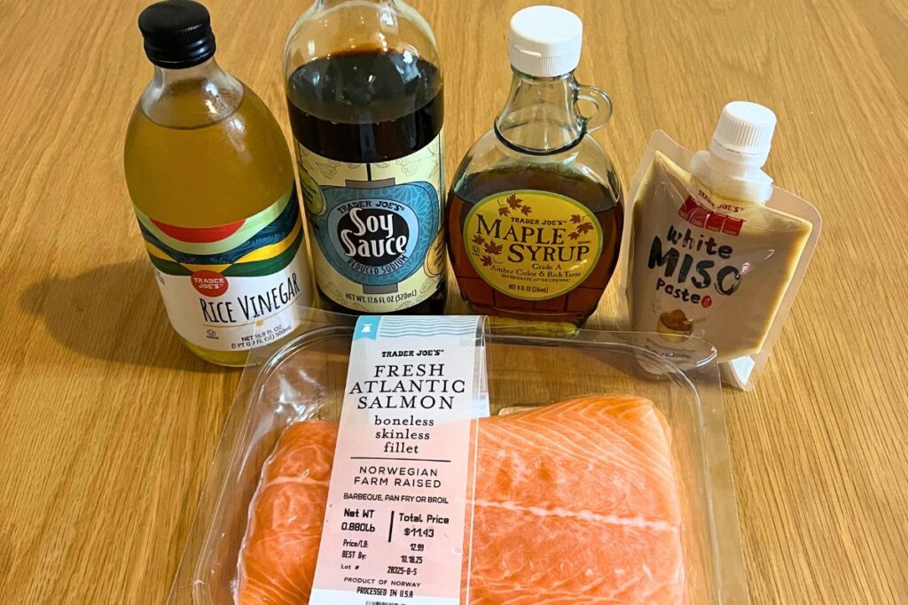 Trader Joe’s ingredients for Miso Salmon recipe – white miso paste, salmon, soy sauce, maple syrup, rice vinegar