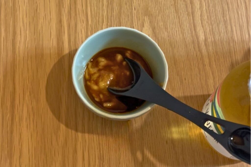 Mixing white miso, soy sauce, maple syrup, and rice vinegar for Trader Joe’s miso glaze