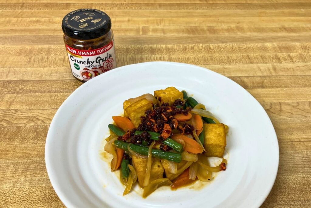 Miso Salmon Japanese Set Meal Miso tofu stir-fry topped with S&B Chili Oil with Crunchy Garlic as an optional flavor boost.