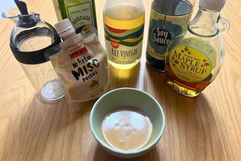 Ingredients for miso dressing with Trader Joe's white miso and rice vinegar