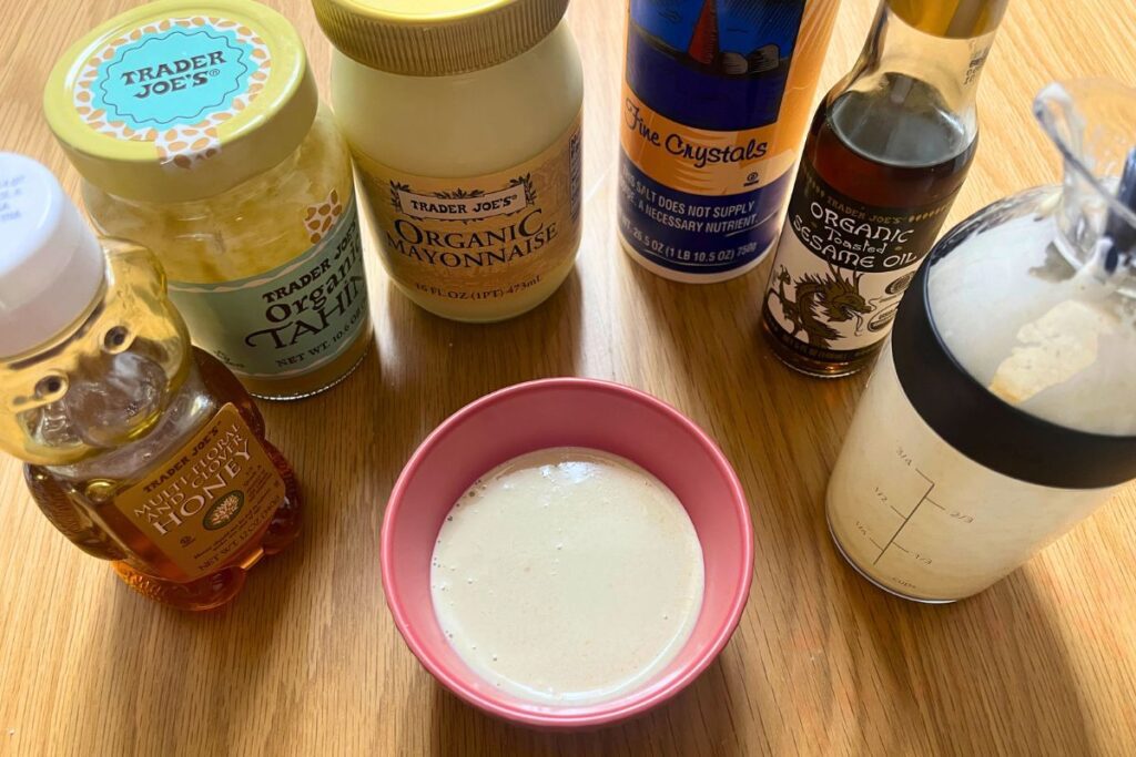 Ingredients for tahini creamy sesame dressing with Trader Joe's tahini and mayonnaise