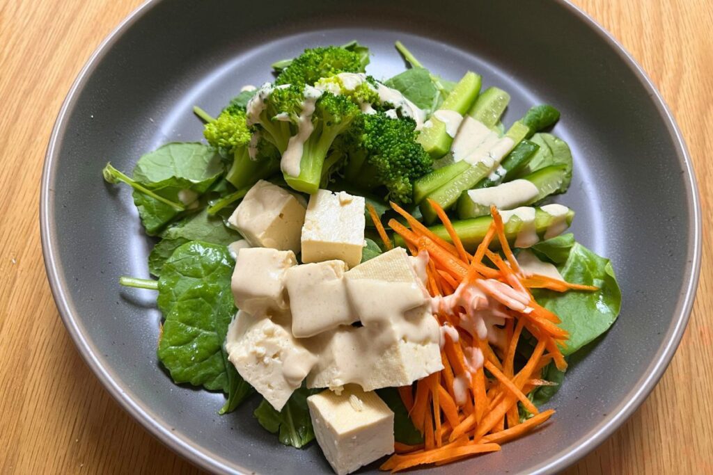 Tofu and broccoli salad with creamy tahini sesame dressing