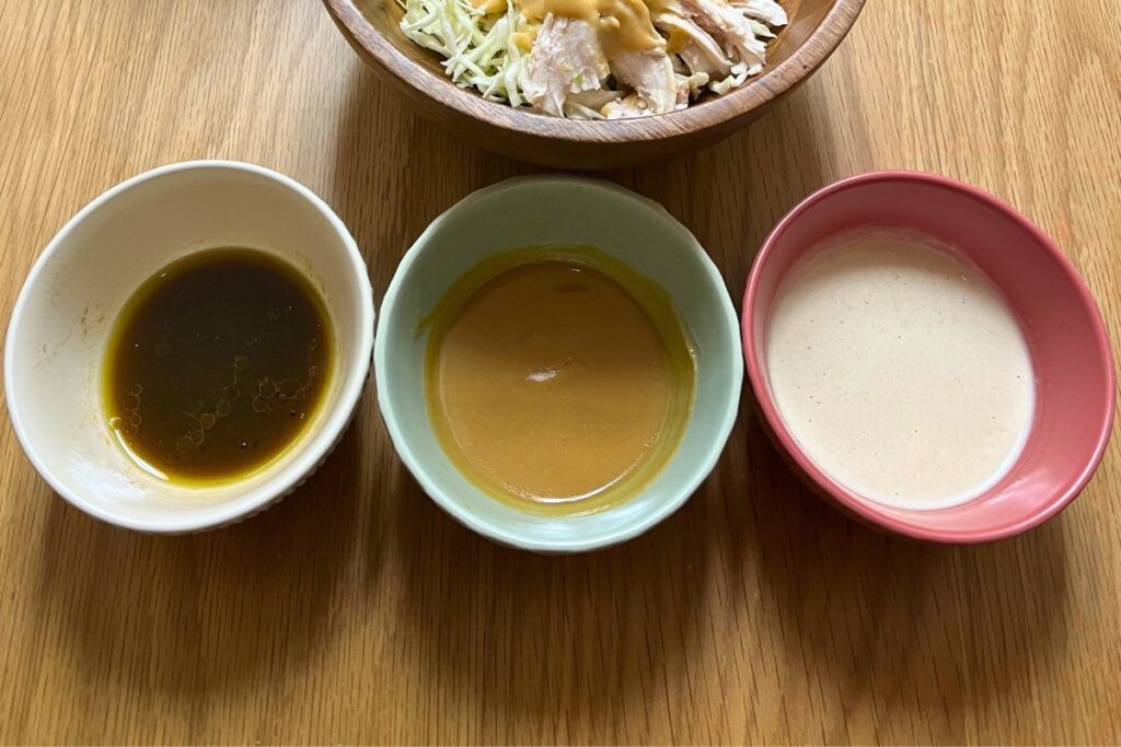 Three easy Japanese-style dressings made with Trader Joe's ingredients - ponzu, miso, and tahini sesame
