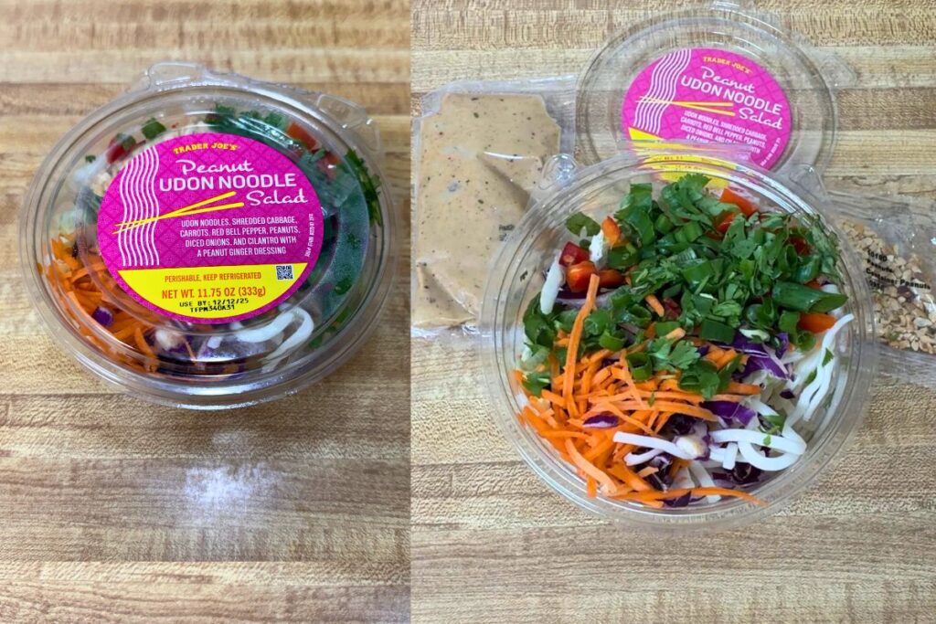 Trader Joe’s Peanut Udon Noodle Salad package before and after opening, showing vegetables, peanut dressing, and toppings