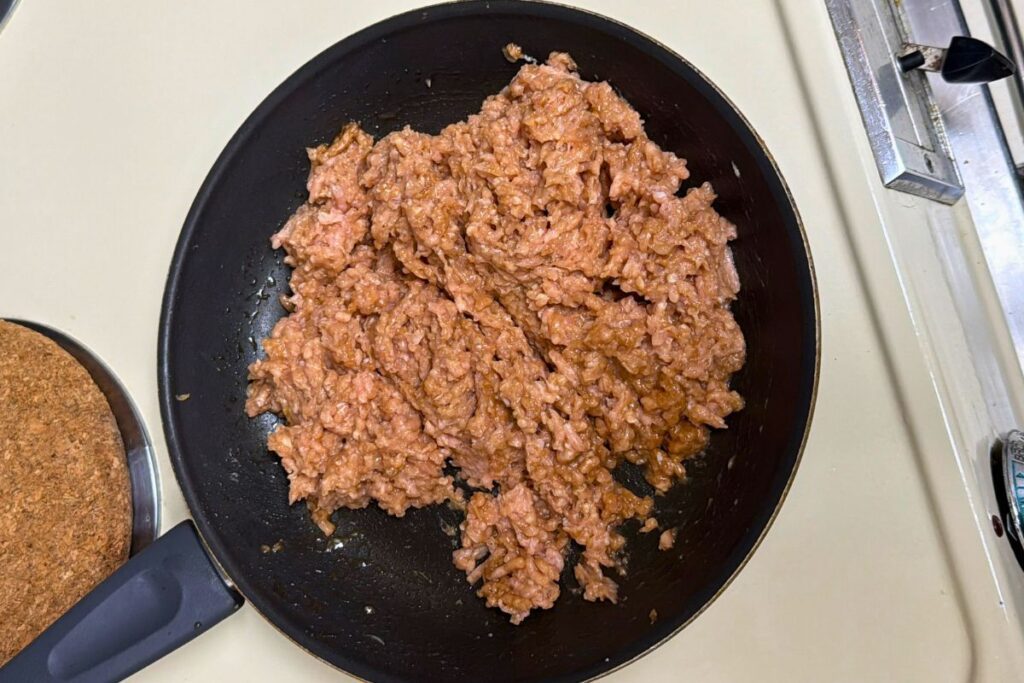 Ground chicken mixed with soy sauce, maple syrup, sugar, and grated ginger before cooking