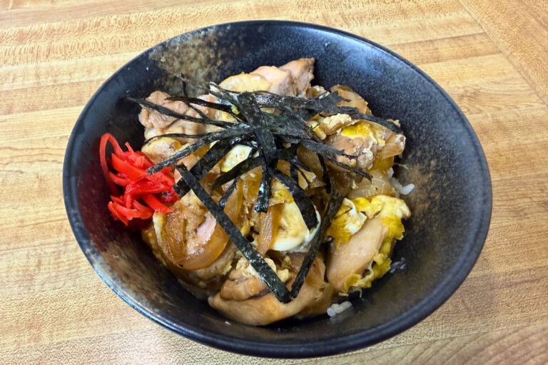 Easy oyakodon Japanese chicken and egg rice bowl made with Trader Joe’s ingredients