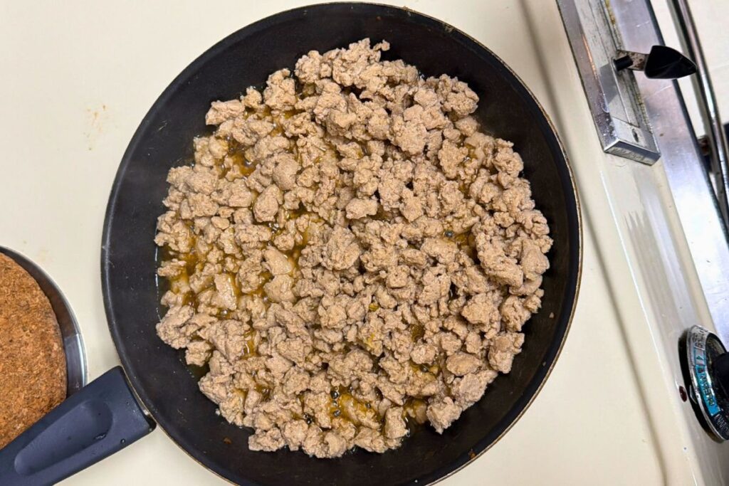 Finished sweet soy chicken soboro made with Trader Joe’s ground chicken