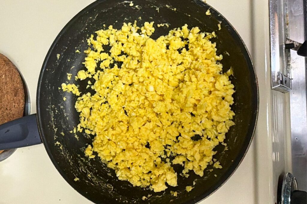 Fluffy egg soboro cooked gently in a pan