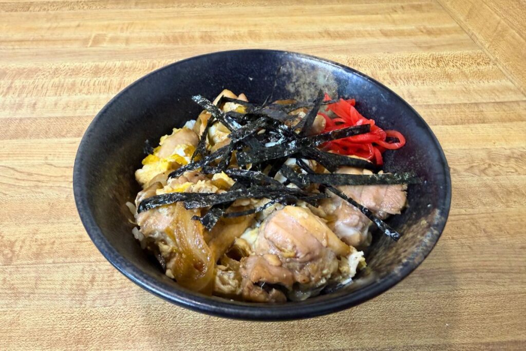Oyakodon topped with shredded nori and beni shoga made with Trader Joe’s ingredients
