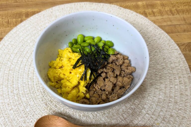 Three-color soboro don with shredded nori made using Trader Joe’s ingredients